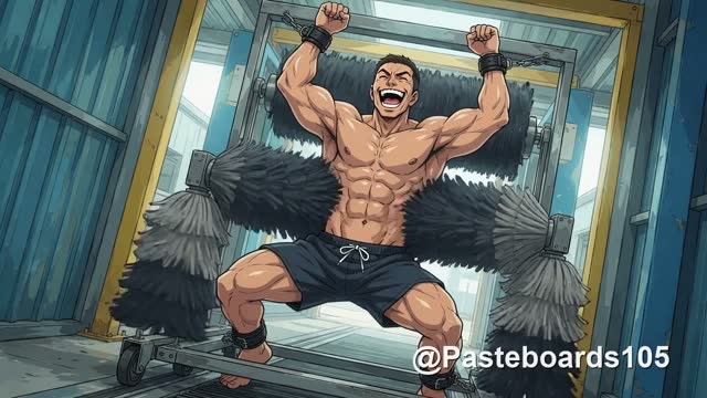 Bound Muscle Jocks In The Car Wash - Brush Rollers On Their Bare Soles, Ribs And Armpits (Anime Bara, 21 Scenes)
