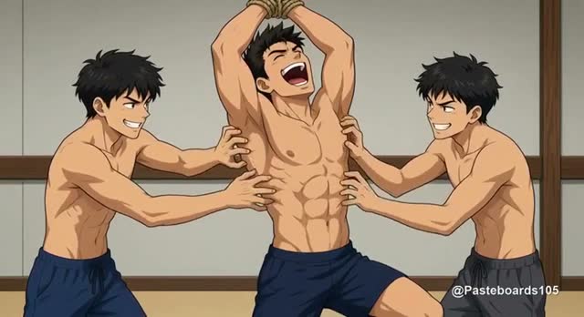 Arms Roped Overhead - Three Pairs Of Hands On A Bound Muscle Jock's Ribs And Sides (Anime Bara)