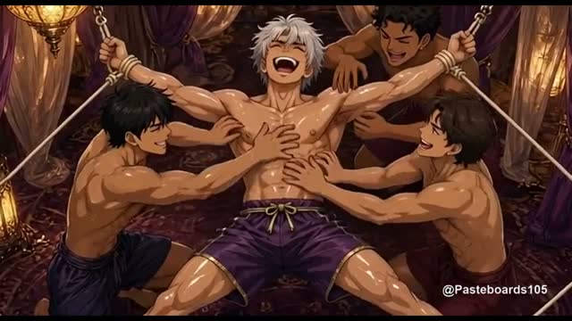 The Genie's Bargain - Bound By Silk, Bare Hands On His Stretched Armpits And Ribs (Anime Bara, 18 Scenes)