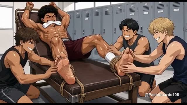 Bound And Sock-Gagged Muscle Jock - Bare Hands And Fingers All Over His Roped-Down Soles (Anime Bara, 16 Scenes)