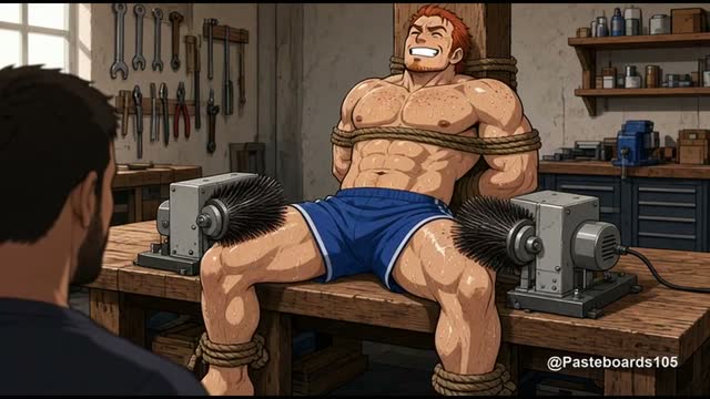 Bound Muscle Jock On The Bench - Brush Rollers On His Inner Thighs (Anime Bara)