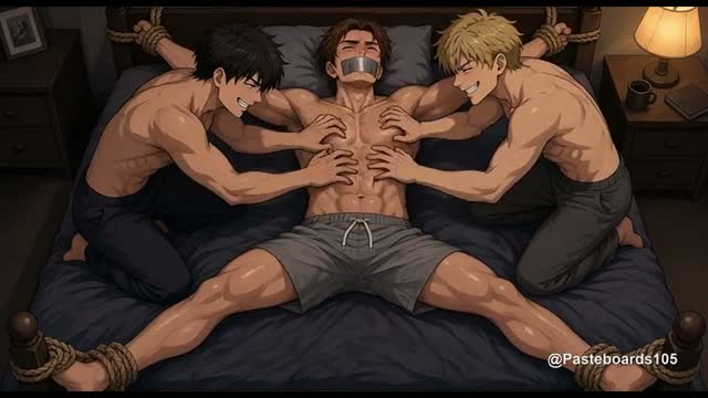 Duct-Taped And Roped To The Bed - Bare Hands All Over His Ribs Until He Laughs Through The Tape (Anime Bara)
