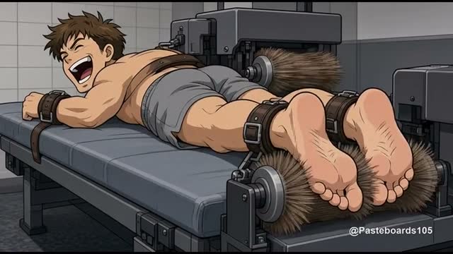 The Massage Table Bet - Strapped Face-Down, Brush Rollers On His Bare Soles And Behind His Knees (Anime Bara)