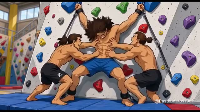 The Climbing Wall Challenge - Hung From The Holds, Fingers On His Armpits, Ribs And Abs (Anime Bara)