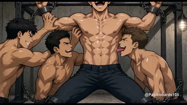 Cuffed To The Pull-Up Rig - Arms Locked Overhead, Fingers And Tongues In His Bare Armpits (Anime Bara)