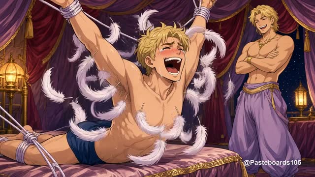 The Genie's Feathers - Bound By Silk, Magic Feathers On His Stretched Armpits (Anime Bara)