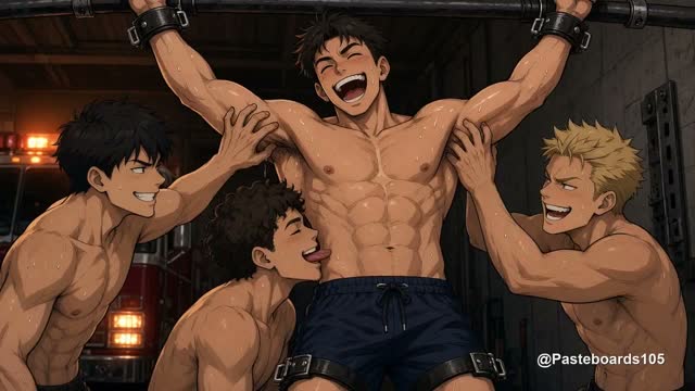 Cuffed To The Firehouse Pull-Up Bar - Four Hands And A Tongue In His Stretched Bare Armpits (Anime Bara)