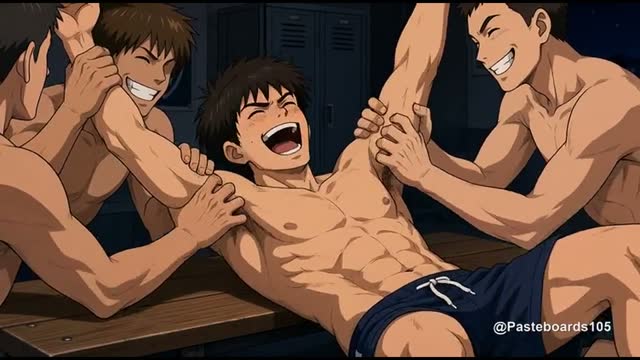 Held Down By His Teammates - Bare Hands Pinning Him While The Squad Works His Armpits (Anime Bara)