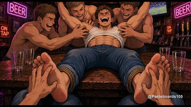 Lost The Arm-Wrestling Bet - Roped Down On The Bar Table, The Whole Crew's Hands In His Bare Armpits (Anime Bara)