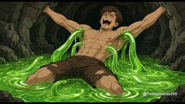Sunk In The Living Slime Pit - Pinned In Glowing Goo, Slime Tendrils In His Bare Armpits (Anime Bara)