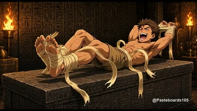 The Pharaoh's Curse - Wrapped To The Tomb Altar, Living Bandages On His Bare Soles And Ribs (Anime Bara)
