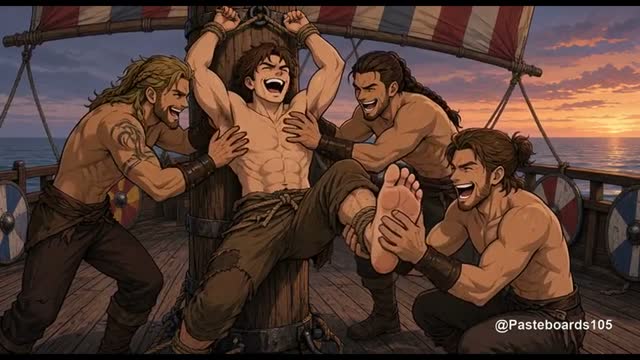 Tied To The Longship Mast - Viking Captive, Three Pairs Of Hands In His Bare Armpits And On His Soles (Anime Bara)