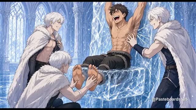 Frozen Into The Ice Palace Wall - Arms Locked In Ice, Four Frost-Prince Hands In His Bare Armpits And Soles (Anime Bara)