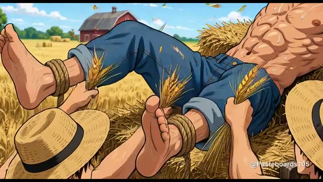 Roped Down On The Hay Wagon - Farm Boy Spread On The Bales, Farmhands With Wheat Stalks And Fingers On His Ribs And Soles
