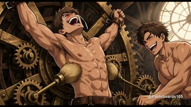 Caught In The Giant Clockwork - Young Clockmaker, Ticking Brass Cogs With Bristle Pads Sweeping His Sides And Armpits