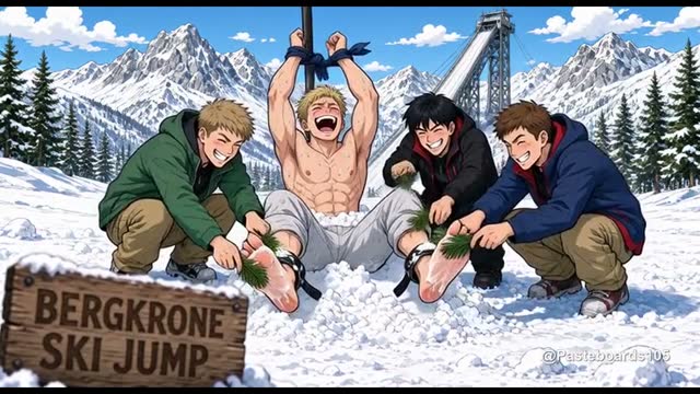 Buried In The Snowdrift - Ski Jumper Stuck Up To His Chest, Bare Feet Poking Out, Snowboarders With Pine Twigs And Fingers On His Soles